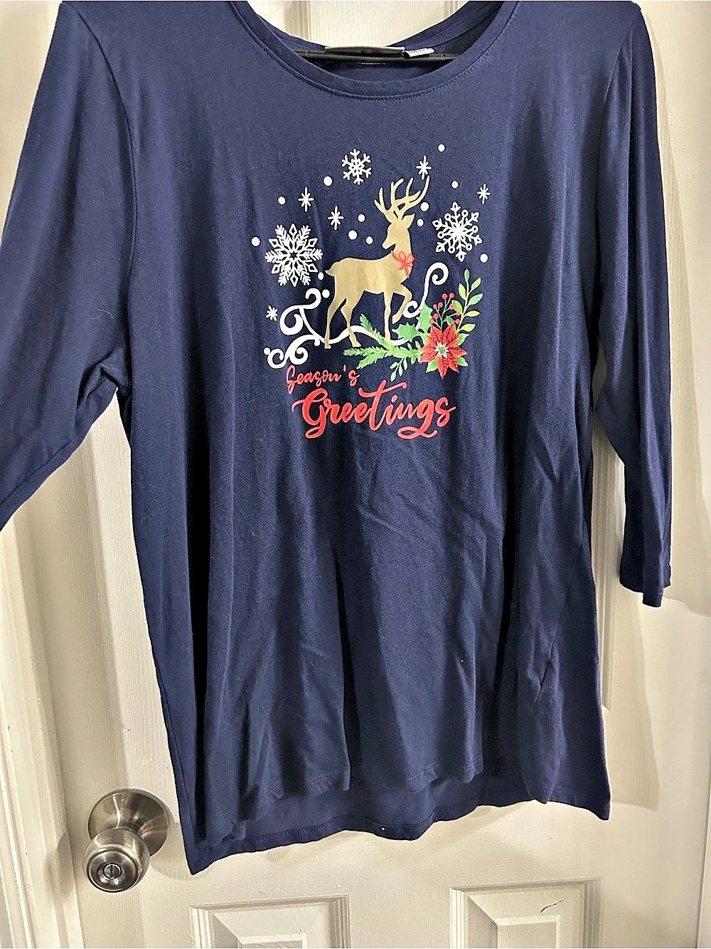 Long Sleeve Holiday Graphic Top in Blue Like New